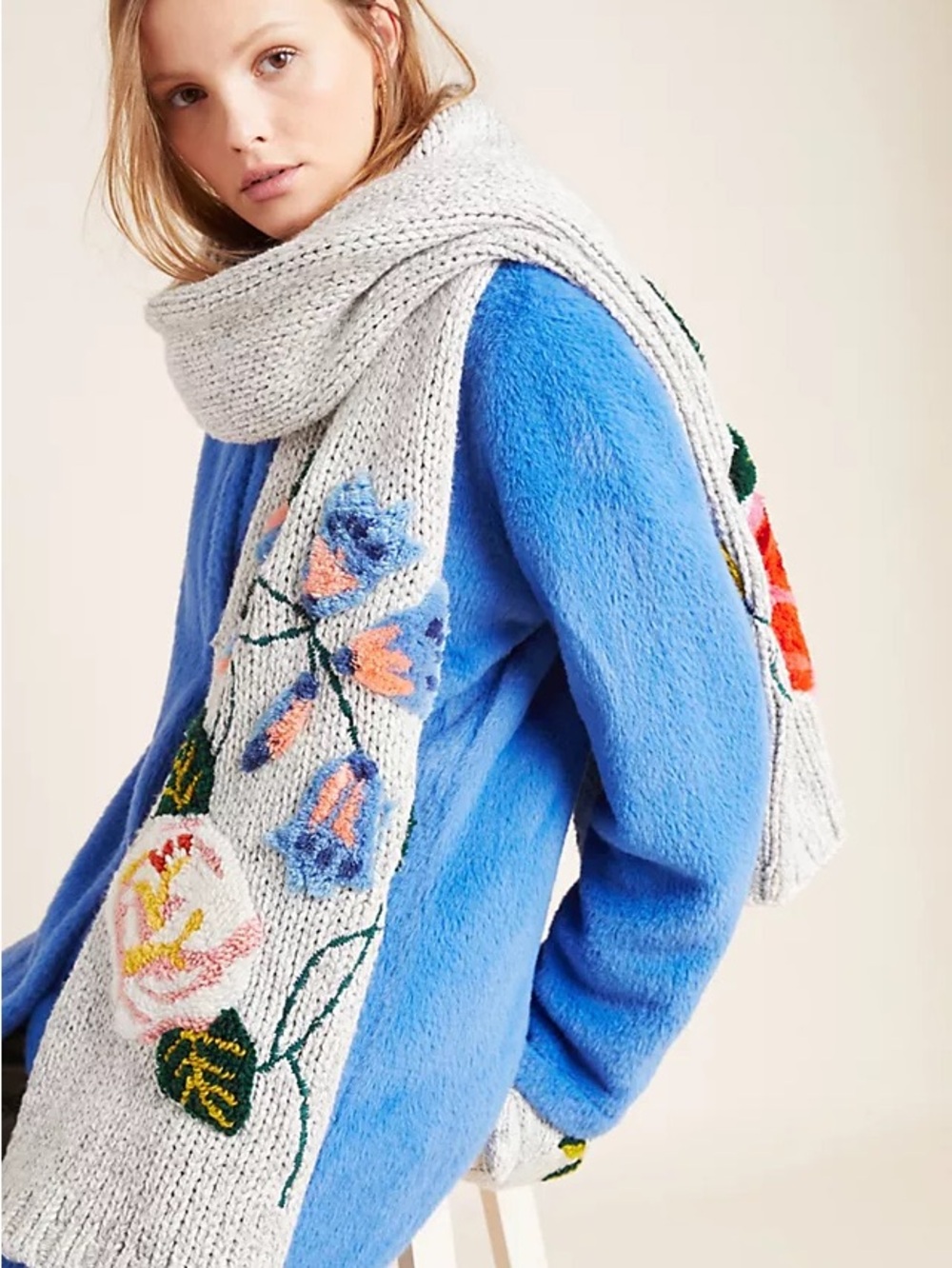 Nathalie Lété Anthropologie Gray Knit Scarf with Floral Embroidery